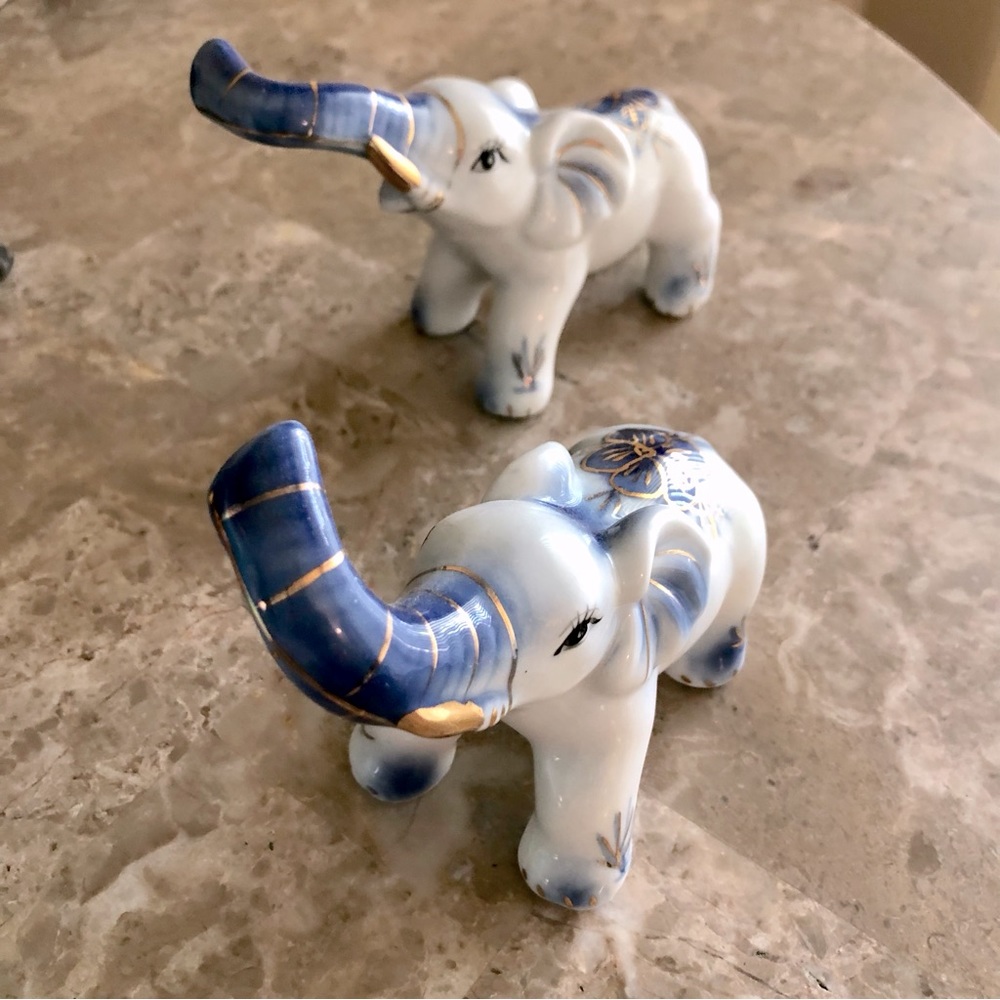 Two Vintage Elephant  Miniature Blue Gold Lustre Ceramic  Figurine Trunk Up